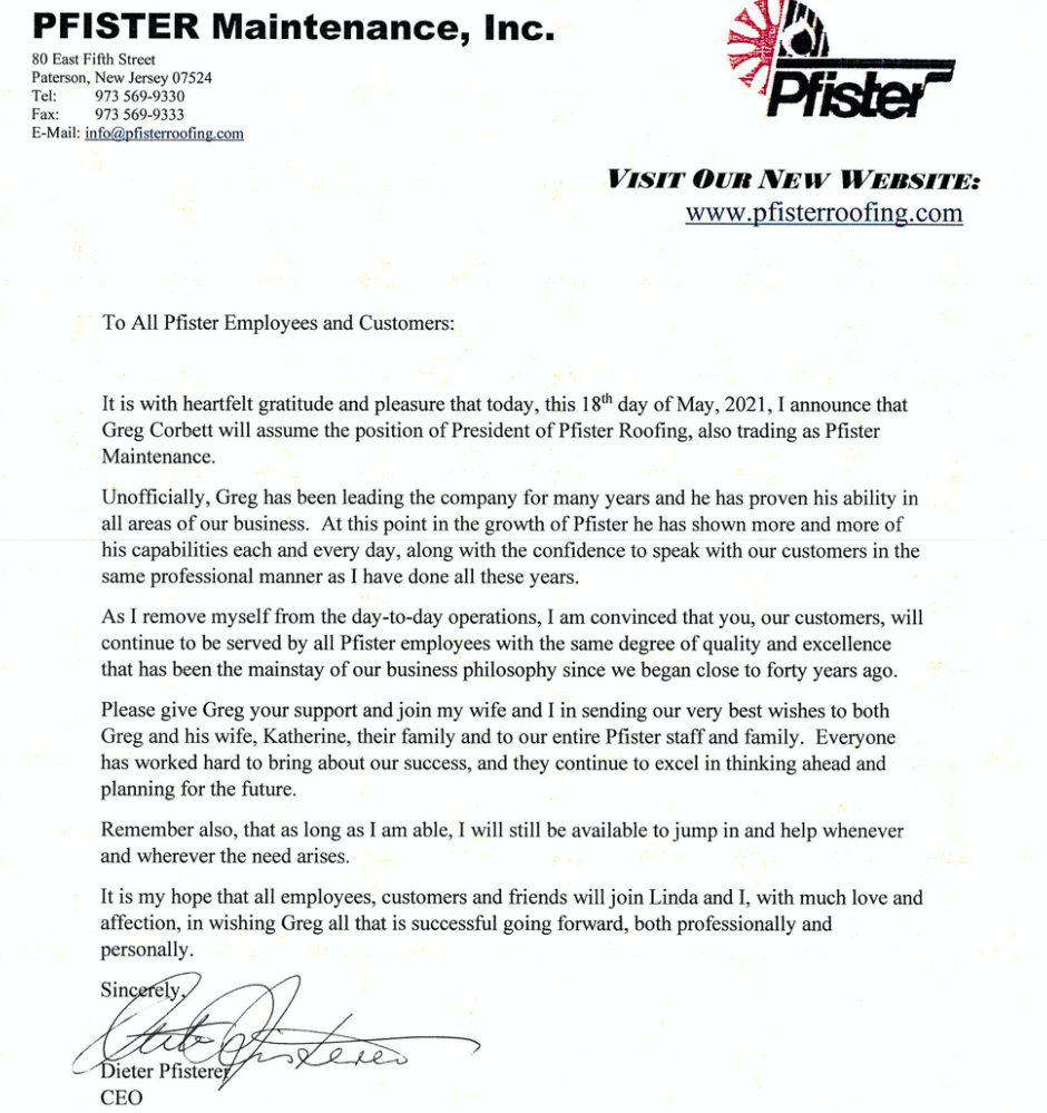 pfister roofing announcement 
